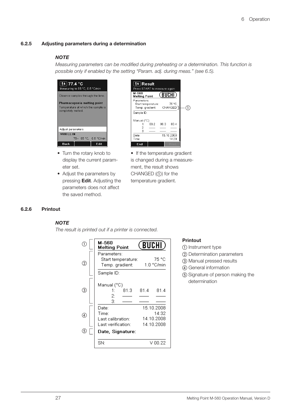 5 adjusting parameters during a determination, 6 printout | BUCHI Melting Point M-560 User Manual | Page 27 / 50