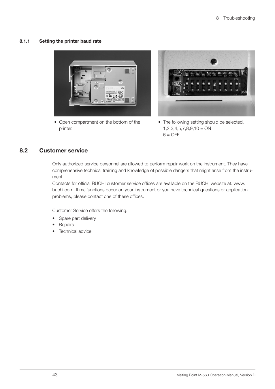 1 setting the printer baud rate, 2 customer service, 1 setting the printer baud rate 8.2 | Customer service | BUCHI Melting Point M-560 User Manual | Page 43 / 50