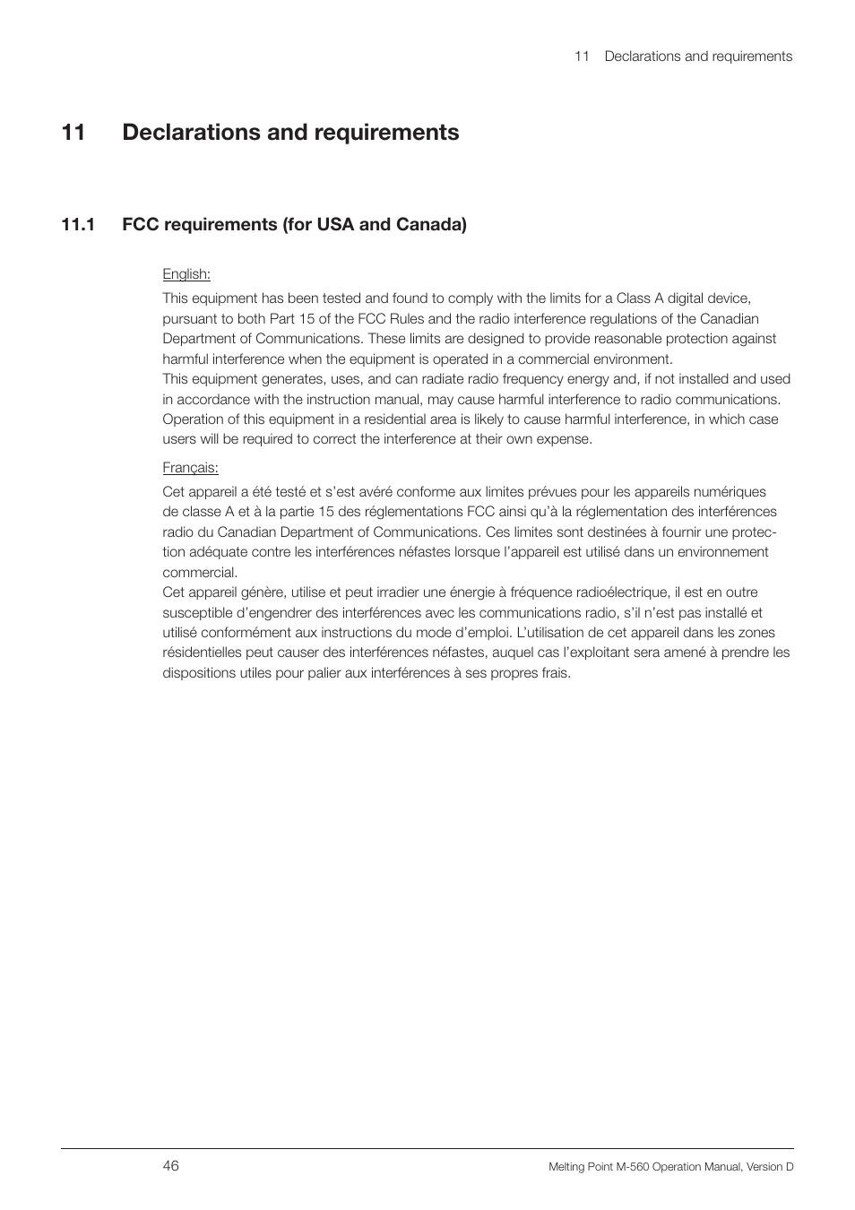 11 declarations and requirements, 1 fcc requirements (for usa and canada) | BUCHI Melting Point M-560 User Manual | Page 46 / 50