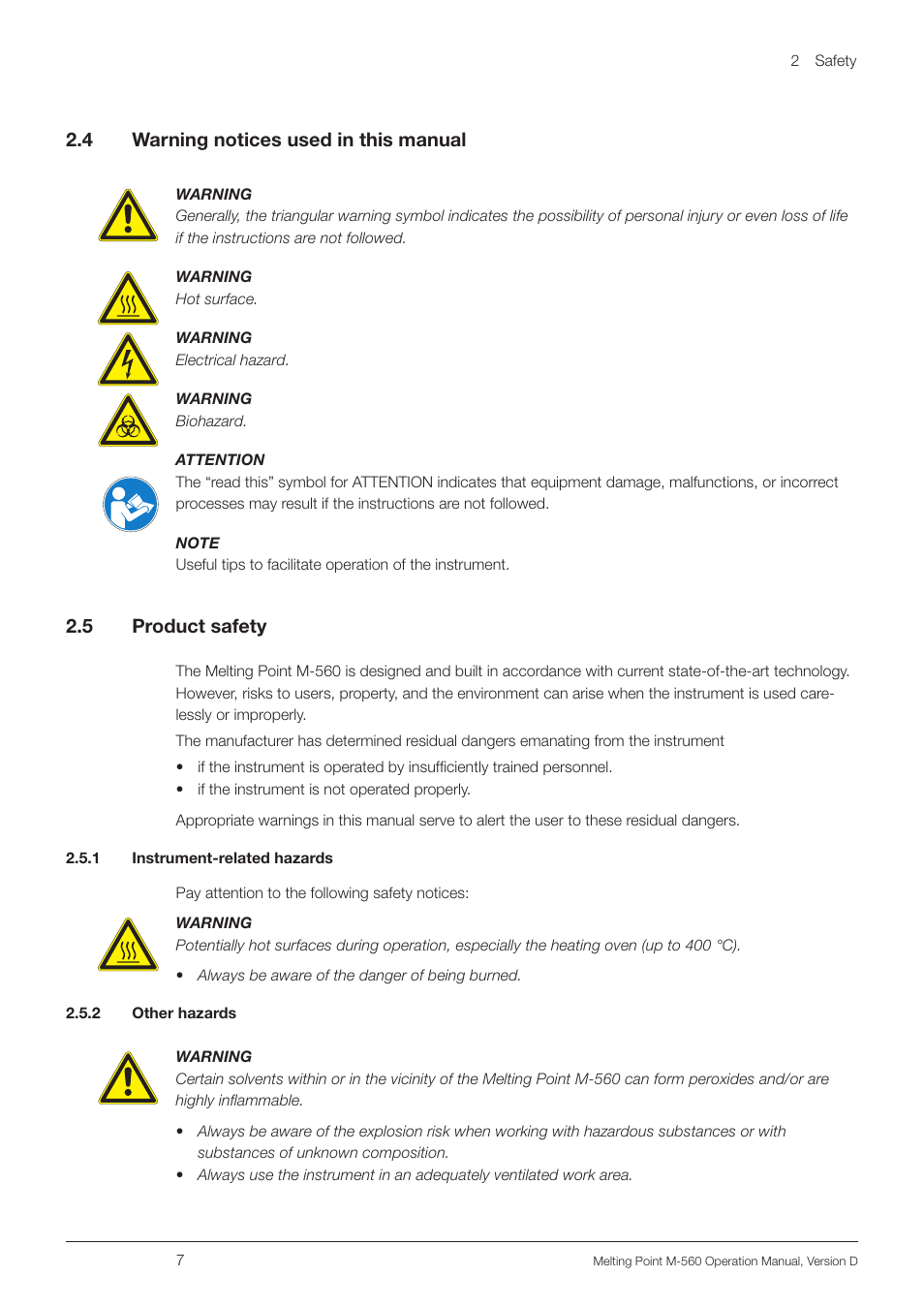 4 warning notices used in this manual, 5 product safety, 1 instrument-related hazards | 2 other hazards, Warning notices used in this manual, Product safety, 1 instrument-related hazards 2.5.2 other hazards | BUCHI Melting Point M-560 User Manual | Page 7 / 50