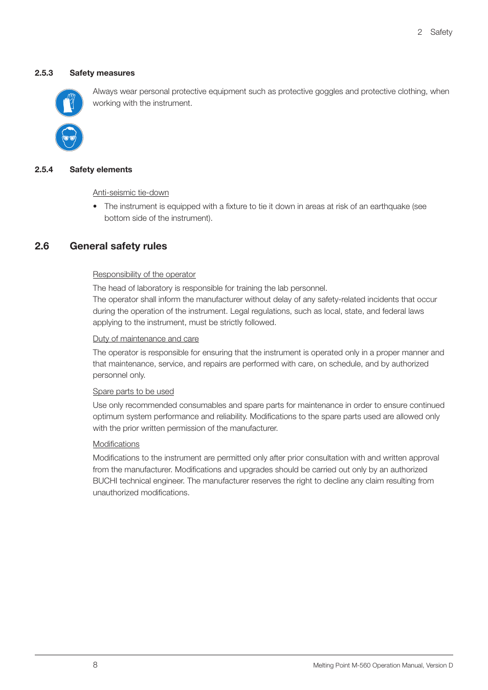 3 safety measures, 4 safety elements, 6 general safety rules | 3 safety measures 2.5.4 safety elements 2.6, General safety rules | BUCHI Melting Point M-560 User Manual | Page 8 / 50