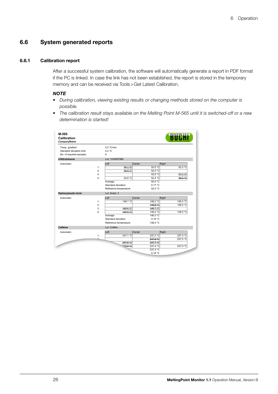 6 system generated reports, 6 operation 26 | BUCHI Melting Point M-565 User Manual | Page 26 / 32
