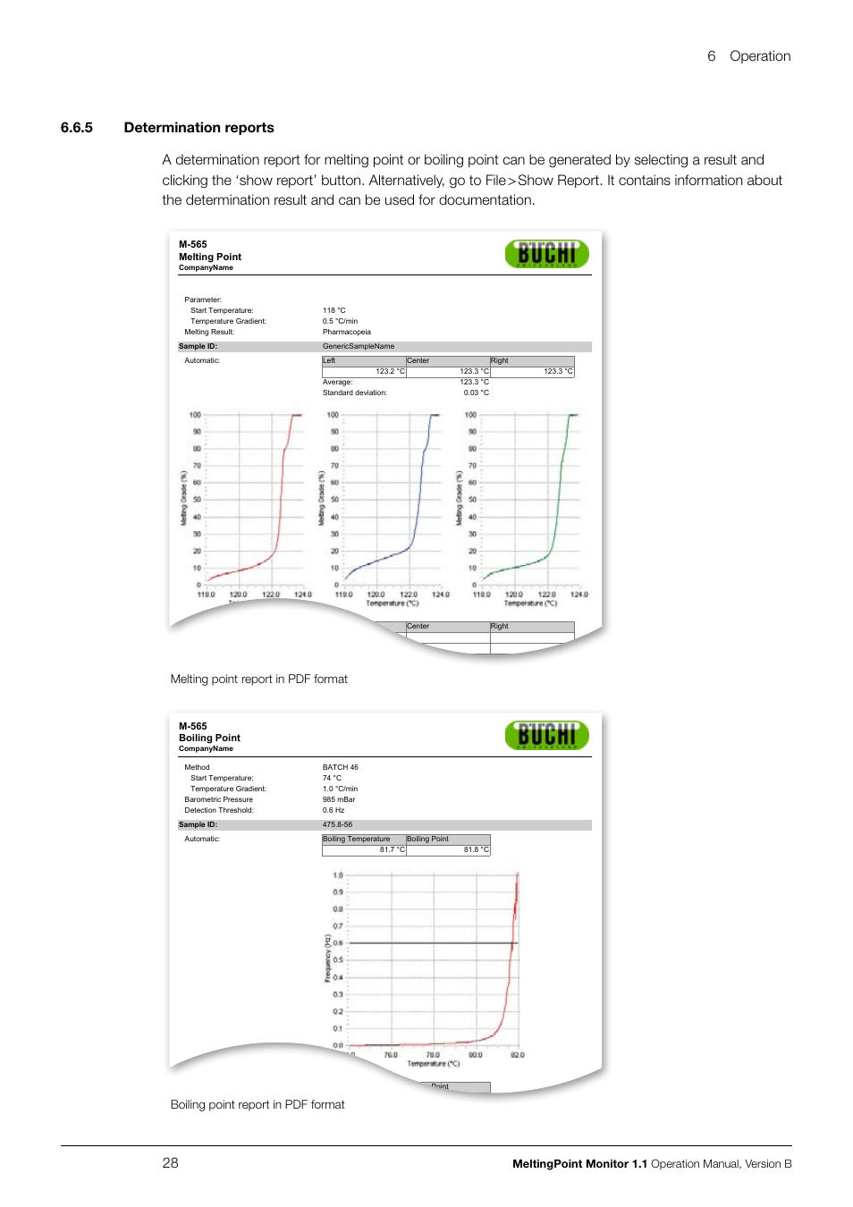 6 operation 28, Melting point report in pdf format, Boiling point report in pdf format | BUCHI Melting Point M-565 User Manual | Page 28 / 32