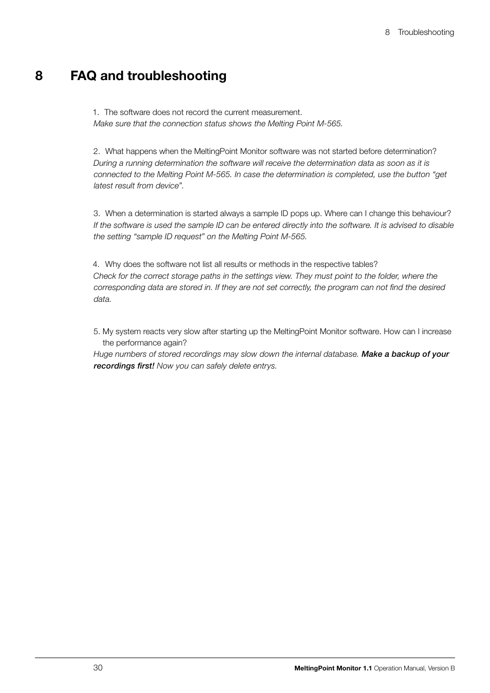 8faq and troubleshooting | BUCHI Melting Point M-565 User Manual | Page 30 / 32