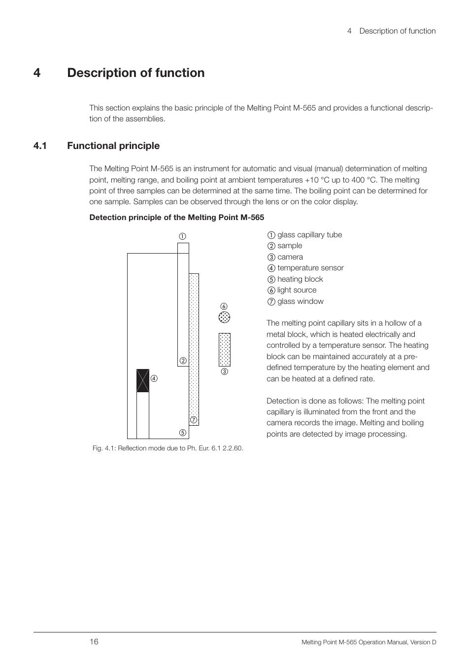 4 description of function, 1 functional principle, Description of function 4.1 | Functional principle, 4description of function, 4 .1 functional principle | BUCHI Melting Point M-565 User Manual | Page 16 / 60