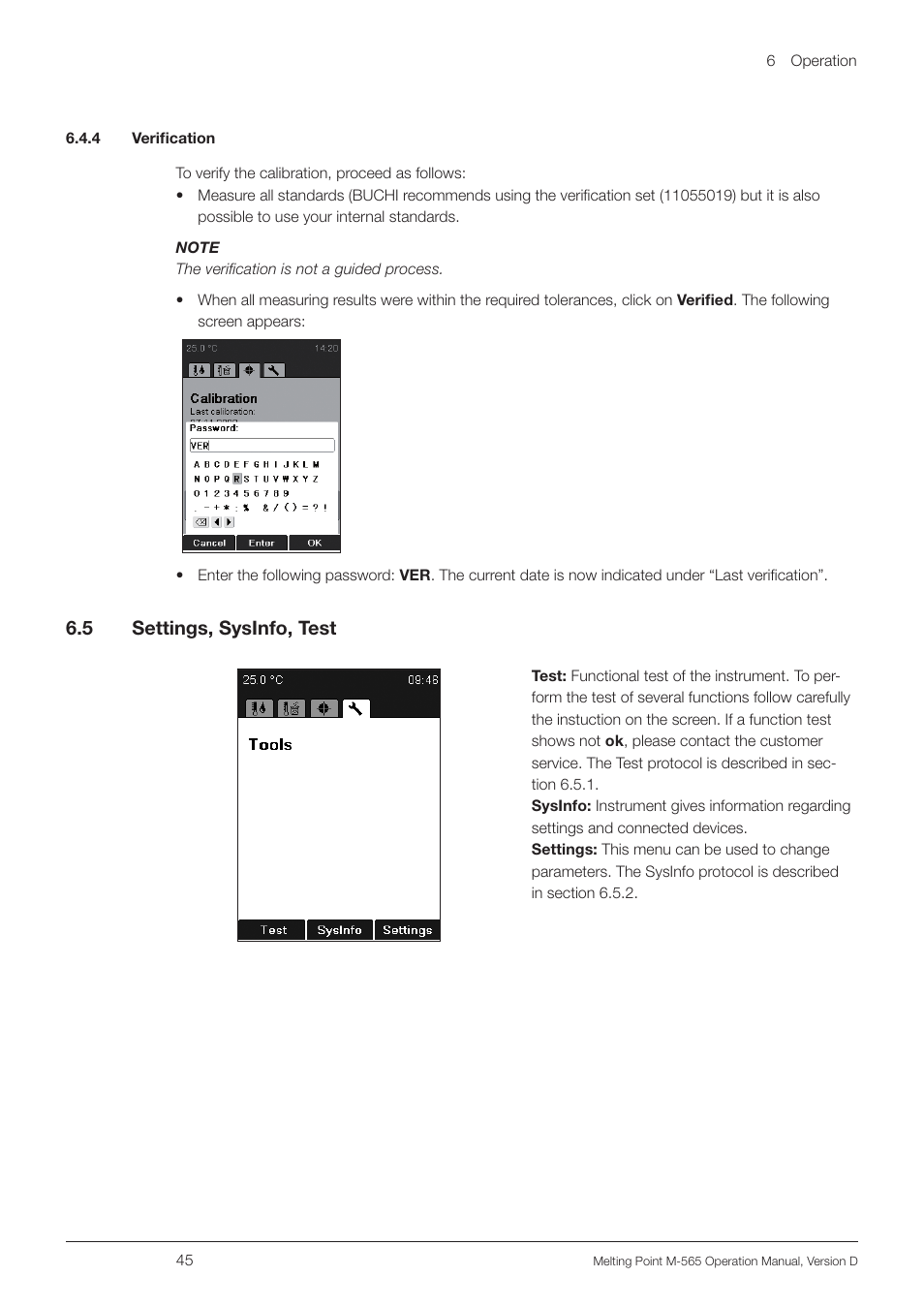 4 verification, 5 settings, sysinfo, test, 4 verification 6.5 | Settings, sysinfo, test, 6 .5 settings, sysinfo, test | BUCHI Melting Point M-565 User Manual | Page 45 / 60