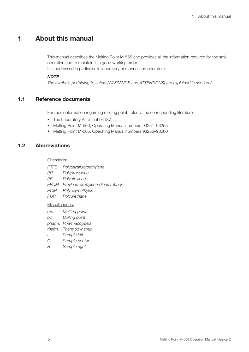 1 about this manual, 1 reference documents, 2 abbreviations | About this manual 1.1, Reference documents, 1about this manual | BUCHI Melting Point M-565 User Manual | Page 5 / 60