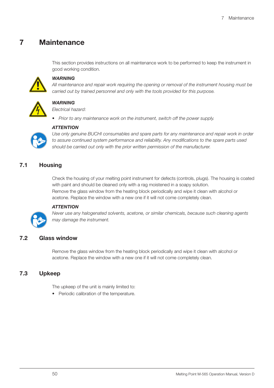7 maintenance, 1 housing, 2 glass window | 3 upkeep, 1 housing 7.2, Glass window, 7maintenance | BUCHI Melting Point M-565 User Manual | Page 50 / 60