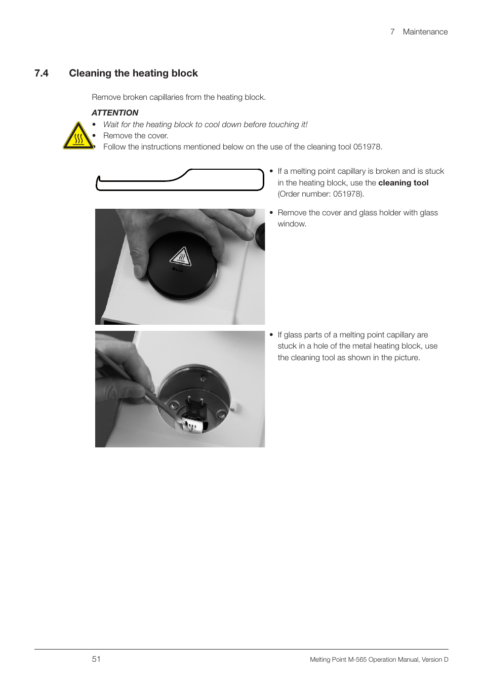 4 cleaning the heating block, Cleaning the heating block, 7 .4 cleaning the heating block | BUCHI Melting Point M-565 User Manual | Page 51 / 60