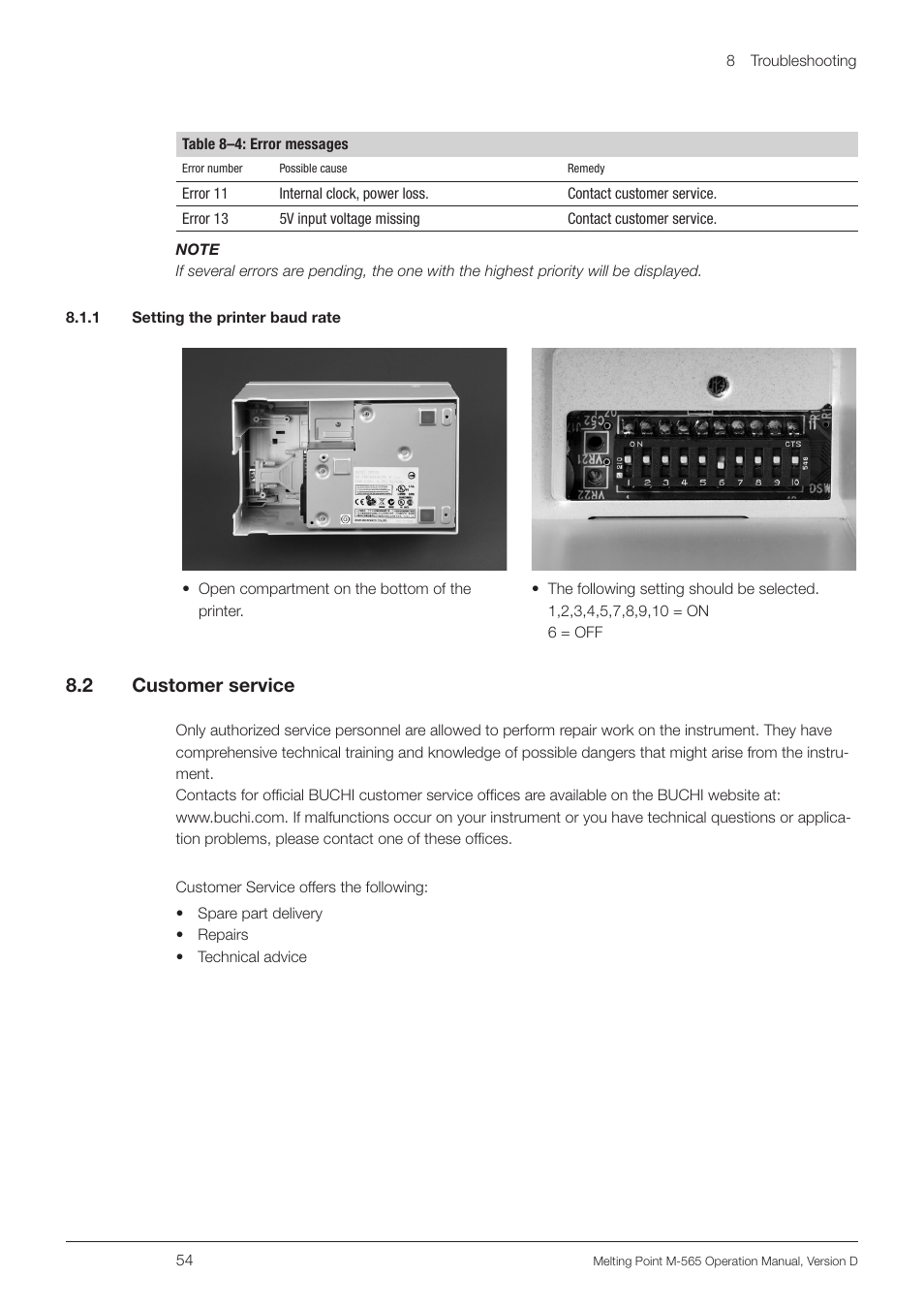 1 setting the printer baud rate, 2 customer service, 1 setting the printer baud rate 8.2 | Customer service, 8 .2 customer service | BUCHI Melting Point M-565 User Manual | Page 54 / 60