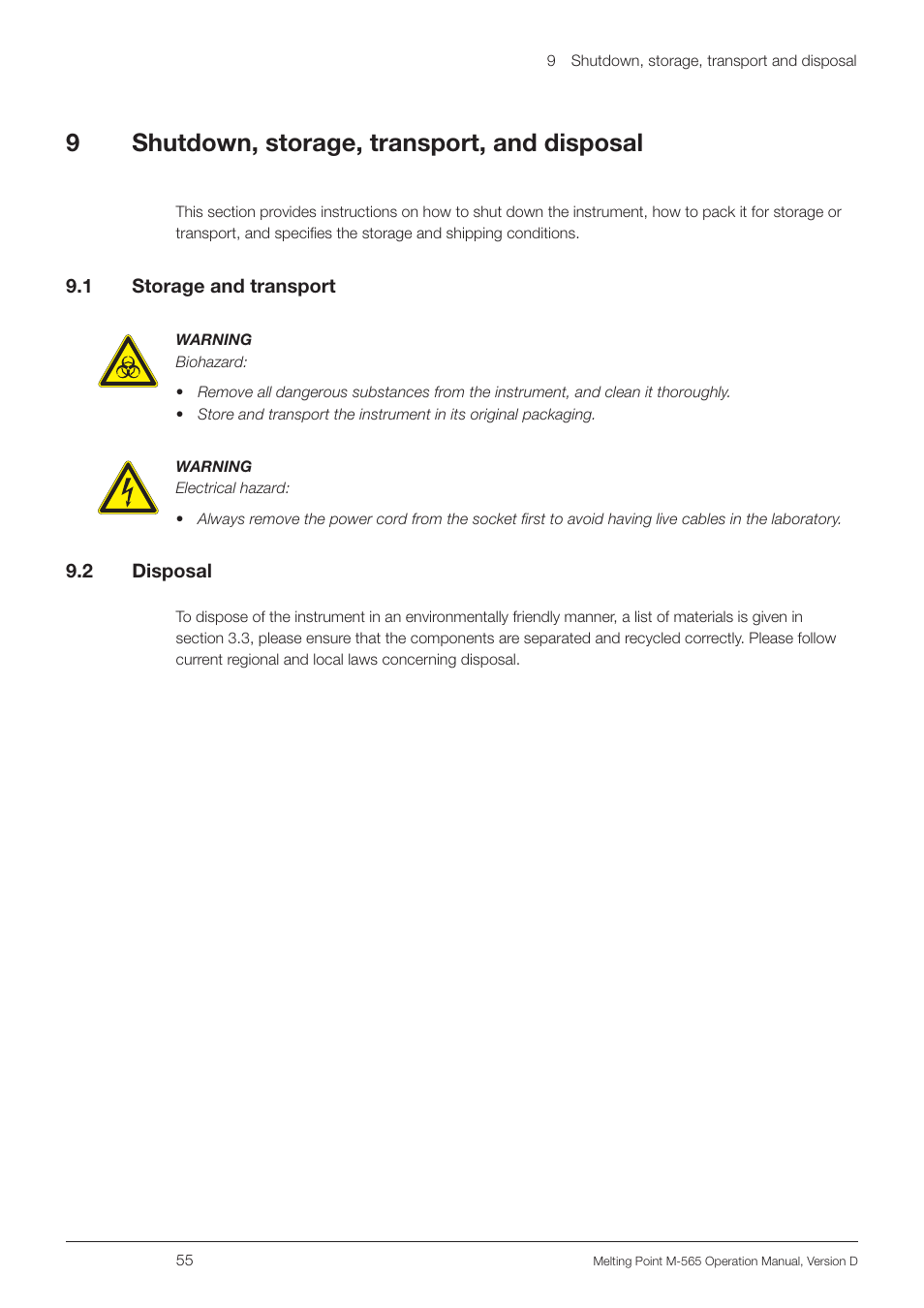 9 shutdown, storage, transport, and disposal, 1 storage and transport, 2 disposal | Shutdown, storage, transport, and disposal 9.1, Storage and transport, 9shutdown, storage, transport, and disposal | BUCHI Melting Point M-565 User Manual | Page 55 / 60