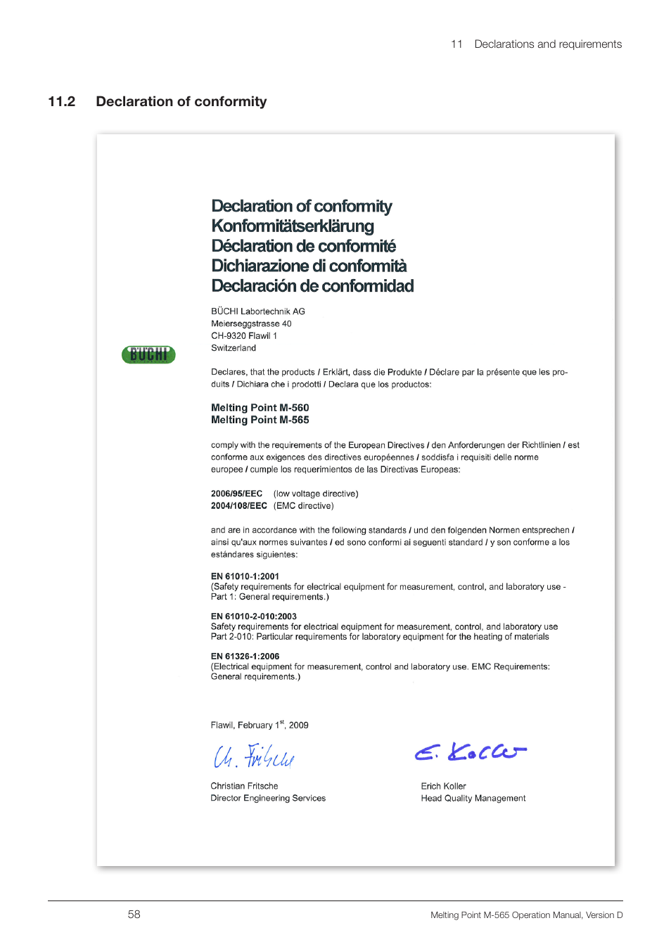 2 declaration of conformity, 11 .2 declaration of conformity | BUCHI Melting Point M-565 User Manual | Page 58 / 60