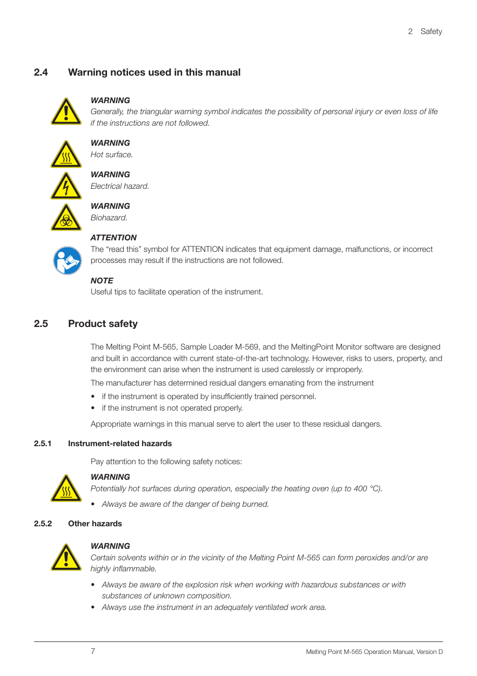 4 warning notices used in this manual, 5 product safety, 1 instrument-related hazards | 2 other hazards, Warning notices used in this manual, Product safety, 1 instrument-related hazards 2.5.2 other hazards, 2 .4 warning notices used in this manual, 2 .5 product safety | BUCHI Melting Point M-565 User Manual | Page 7 / 60