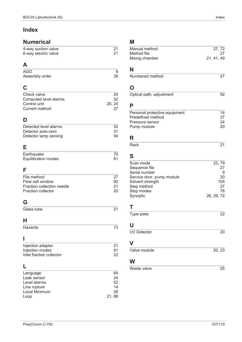 Index, Index numerical | BUCHI PrepChrom C-700 User Manual | Page 107 / 110