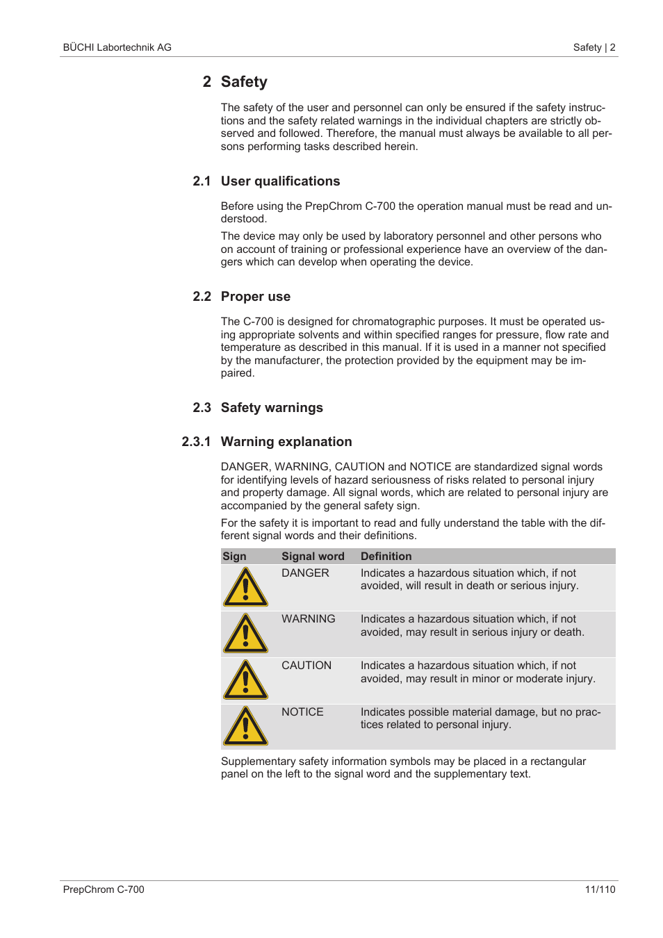 2 safety, 1 user qualifications, 2 proper use | 3 safety warnings, 1 warning explanation | BUCHI PrepChrom C-700 User Manual | Page 11 / 110