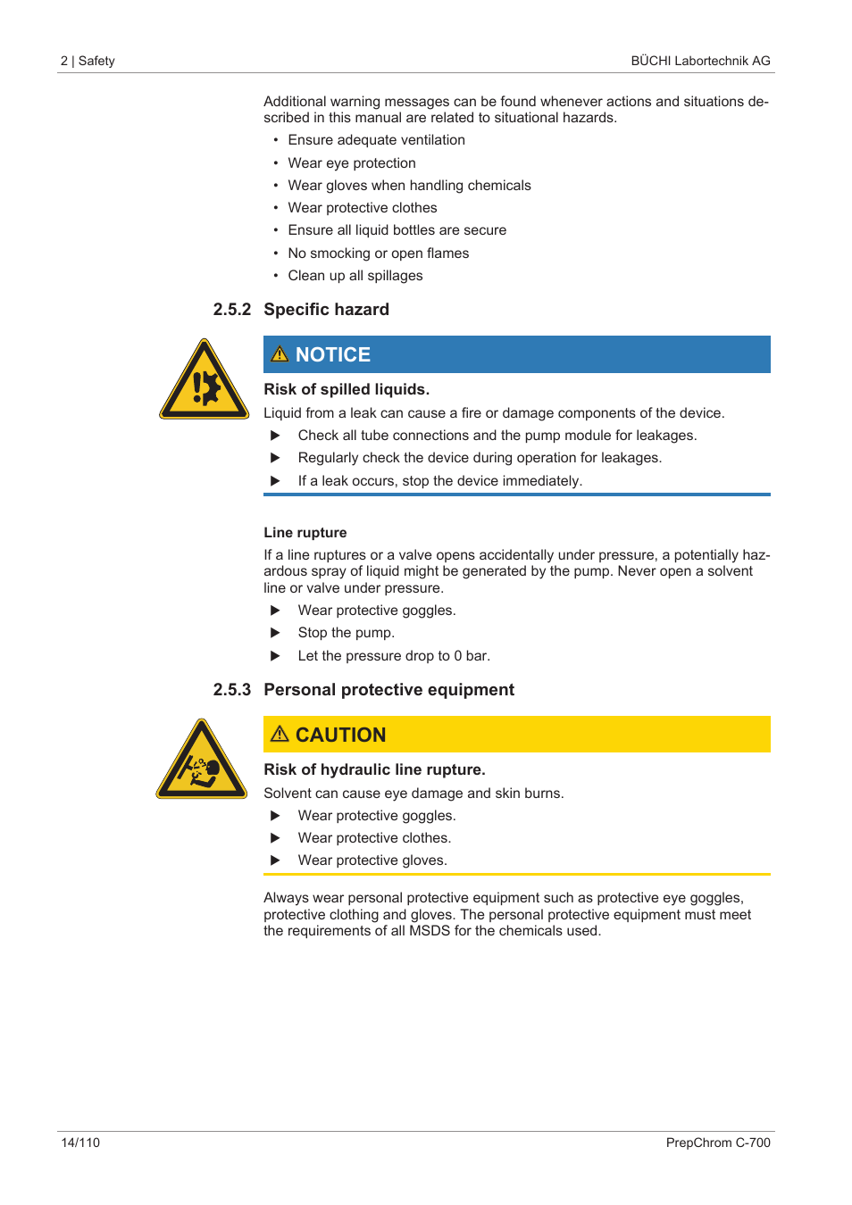 2 specific hazard, 3 personal protective equipment, Notice | Caution | BUCHI PrepChrom C-700 User Manual | Page 14 / 110