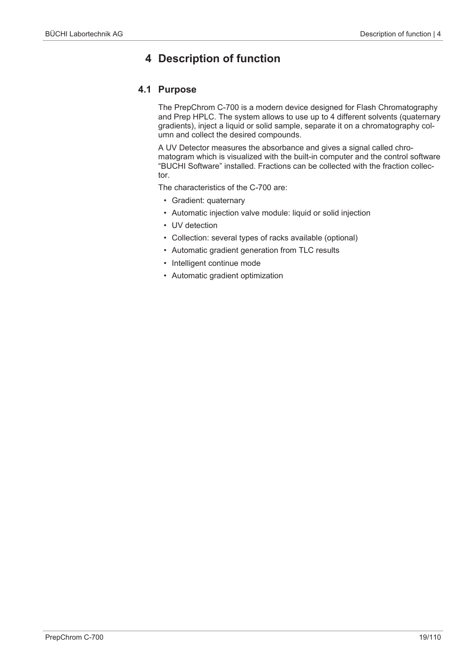 4 description of function, 1 purpose | BUCHI PrepChrom C-700 User Manual | Page 19 / 110