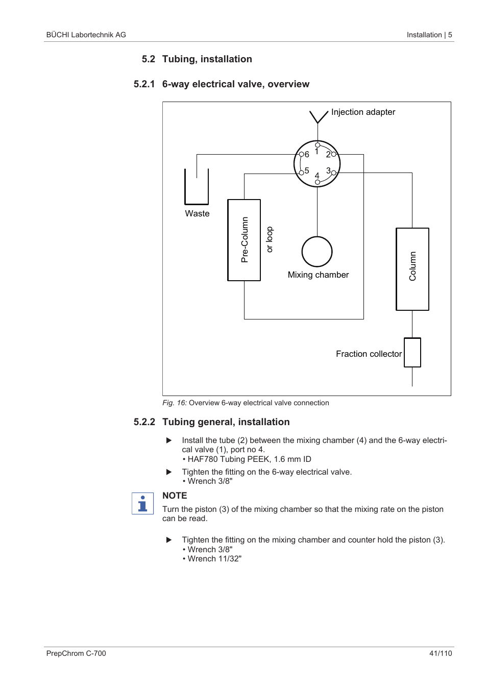 2 tubing, installation, 1 6-way electrical valve, overview, 2 tubing general, installation | BUCHI PrepChrom C-700 User Manual | Page 41 / 110