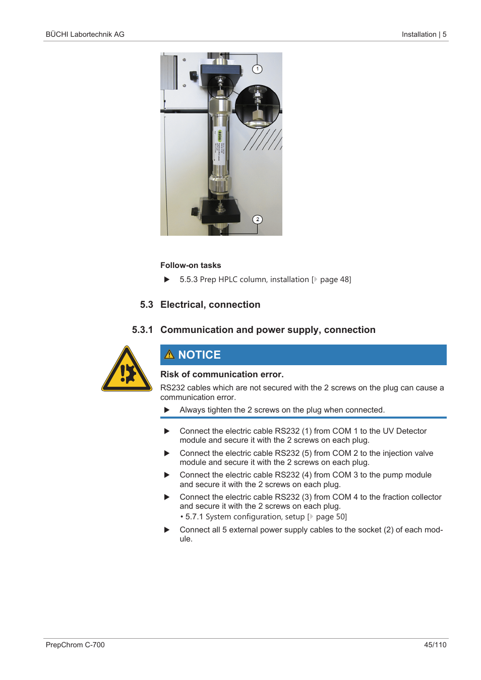 3 electrical, connection, 1 communication and power supply, connection, Notice | BUCHI PrepChrom C-700 User Manual | Page 45 / 110