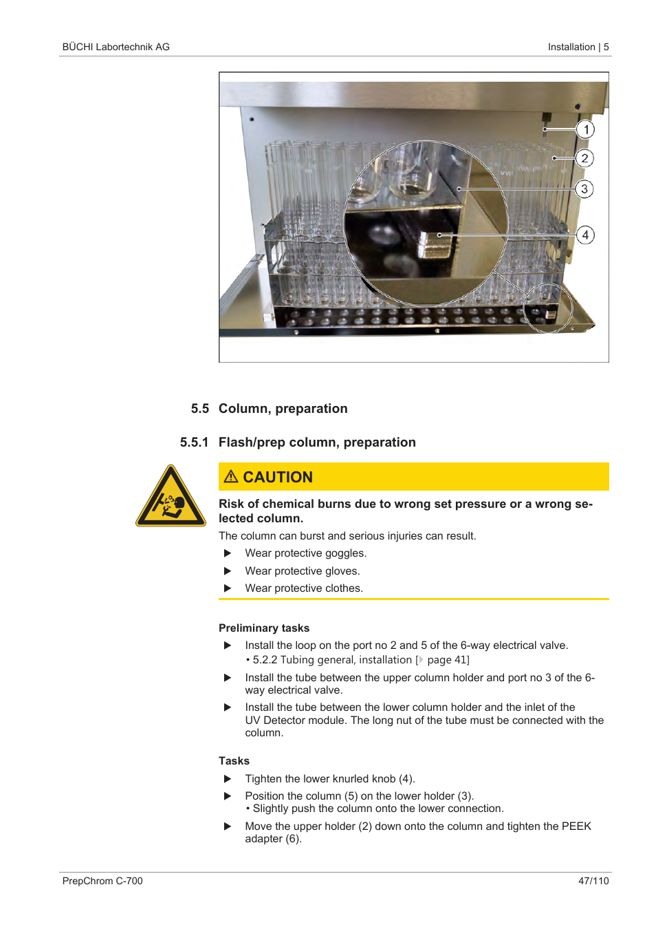 5 column, preparation, 1 flash/prep column, preparation, Caution | BUCHI PrepChrom C-700 User Manual | Page 47 / 110