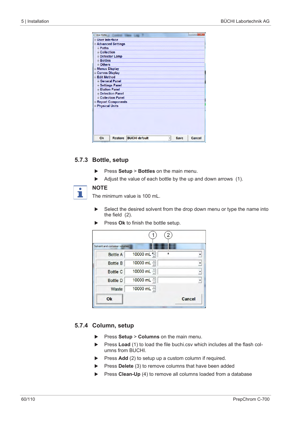 3 bottle, setup, 4 column, setup | BUCHI PrepChrom C-700 User Manual | Page 60 / 110