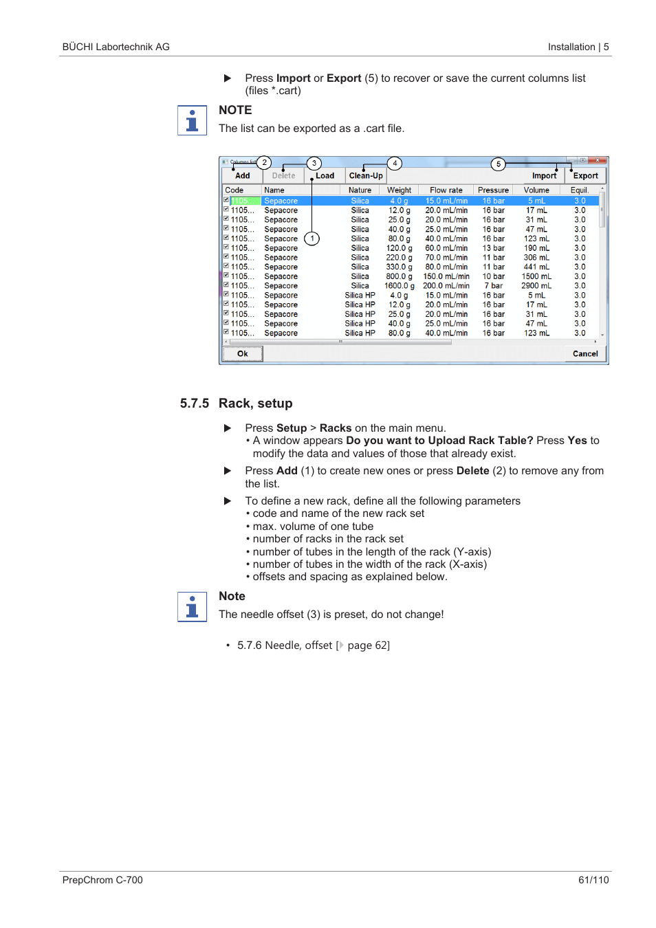 5 rack, setup | BUCHI PrepChrom C-700 User Manual | Page 61 / 110