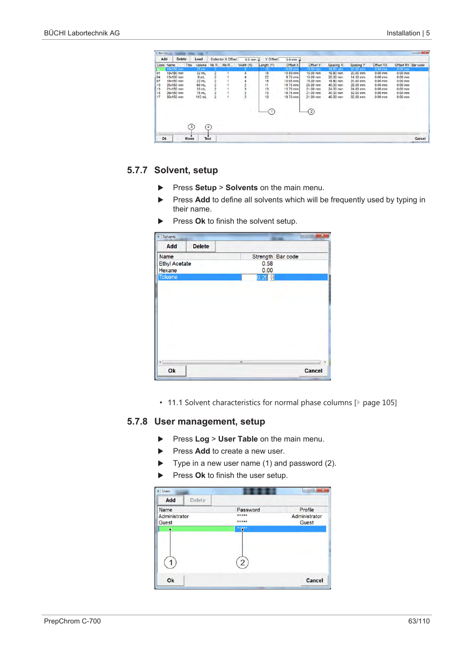 7 solvent, setup, 8 user management, setup | BUCHI PrepChrom C-700 User Manual | Page 63 / 110