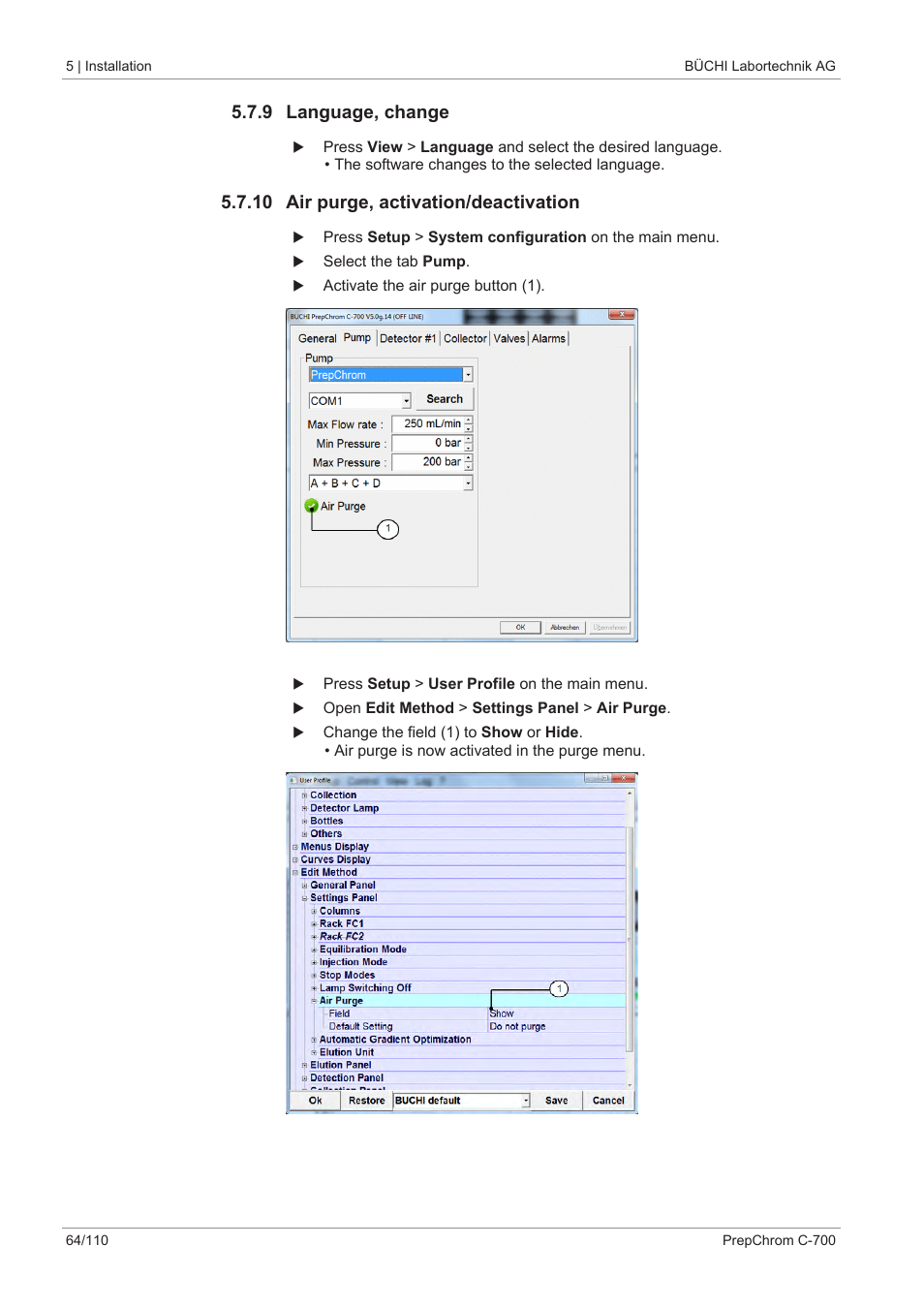 9 language, change, 10 air purge, activation/deactivation | BUCHI PrepChrom C-700 User Manual | Page 64 / 110