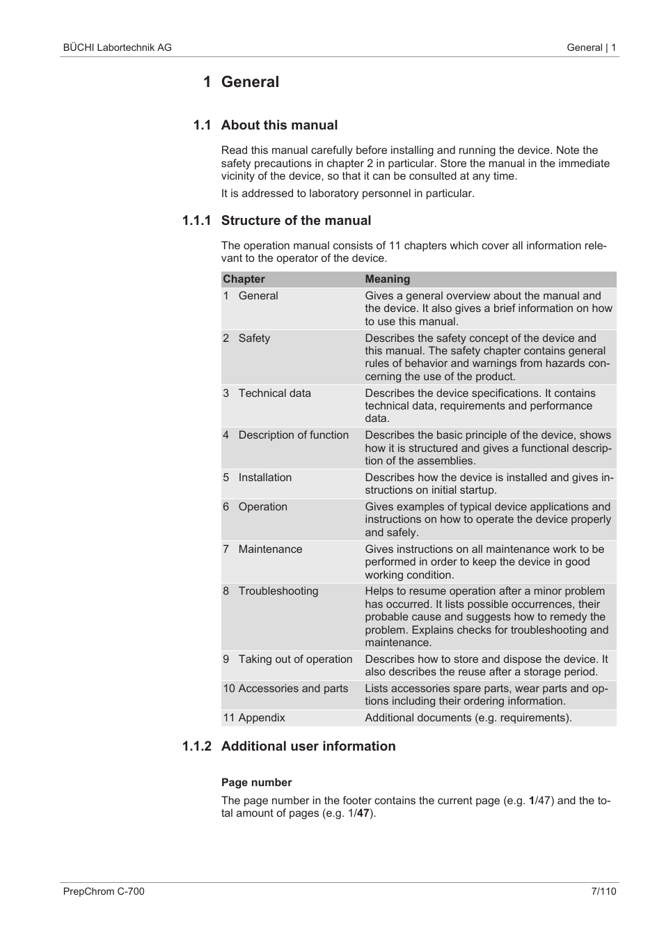1 general, 1 about this manual, 1 structure of the manual | 2 additional user information | BUCHI PrepChrom C-700 User Manual | Page 7 / 110