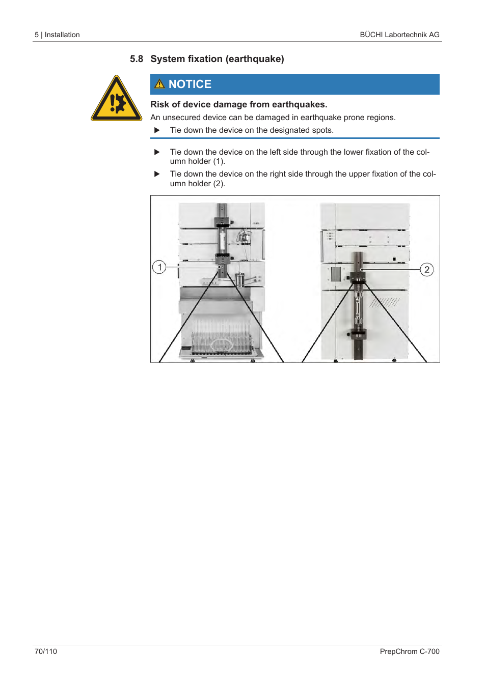 8 system fixation (earthquake), Notice | BUCHI PrepChrom C-700 User Manual | Page 70 / 110