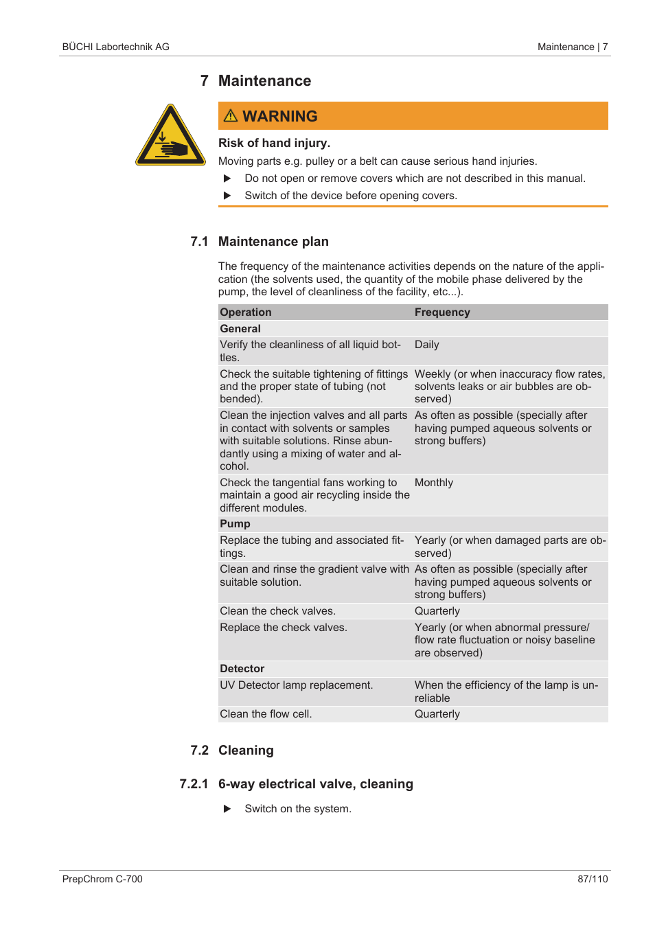 7 maintenance, 1 maintenance plan, 2 cleaning | 1 6-way electrical valve, cleaning, 7 maintenance warning | BUCHI PrepChrom C-700 User Manual | Page 87 / 110