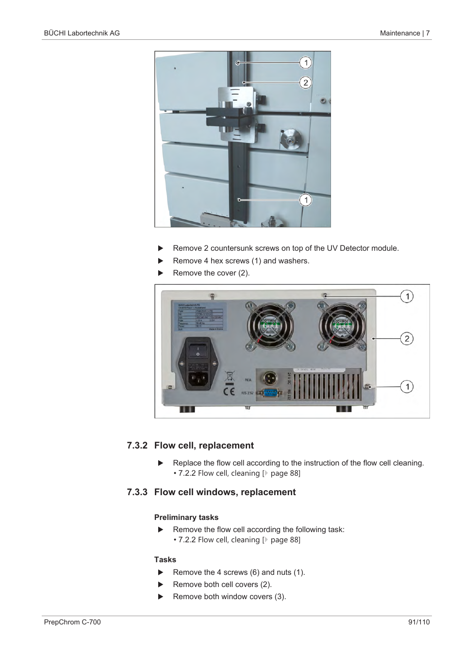 2 flow cell, replacement, 3 flow cell windows, replacement | BUCHI PrepChrom C-700 User Manual | Page 91 / 110