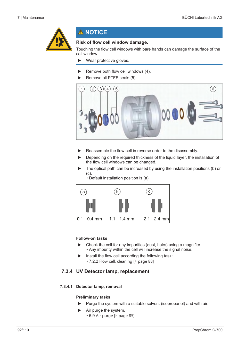 4 uv detector lamp, replacement, 1 detector lamp, removal, Notice | BUCHI PrepChrom C-700 User Manual | Page 92 / 110