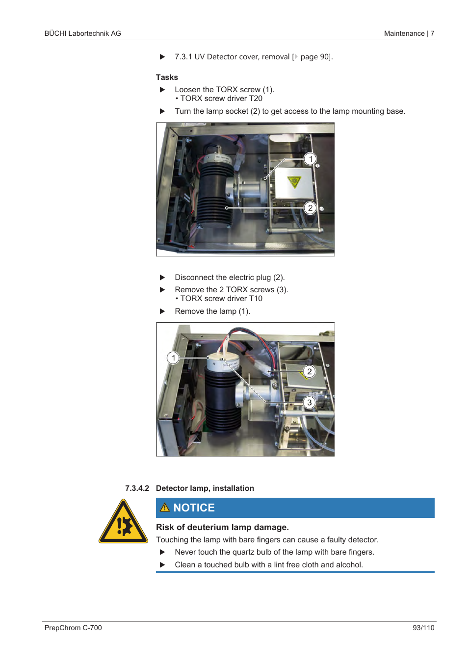 2 detector lamp, installation, Notice | BUCHI PrepChrom C-700 User Manual | Page 93 / 110