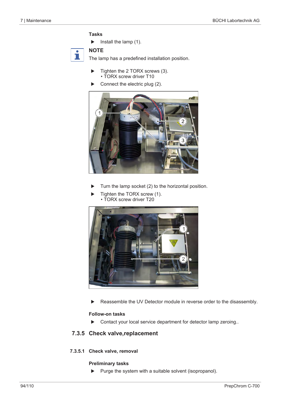 5 check valve,replacement, 1 check valve, removal, Check valve, removal | BUCHI PrepChrom C-700 User Manual | Page 94 / 110