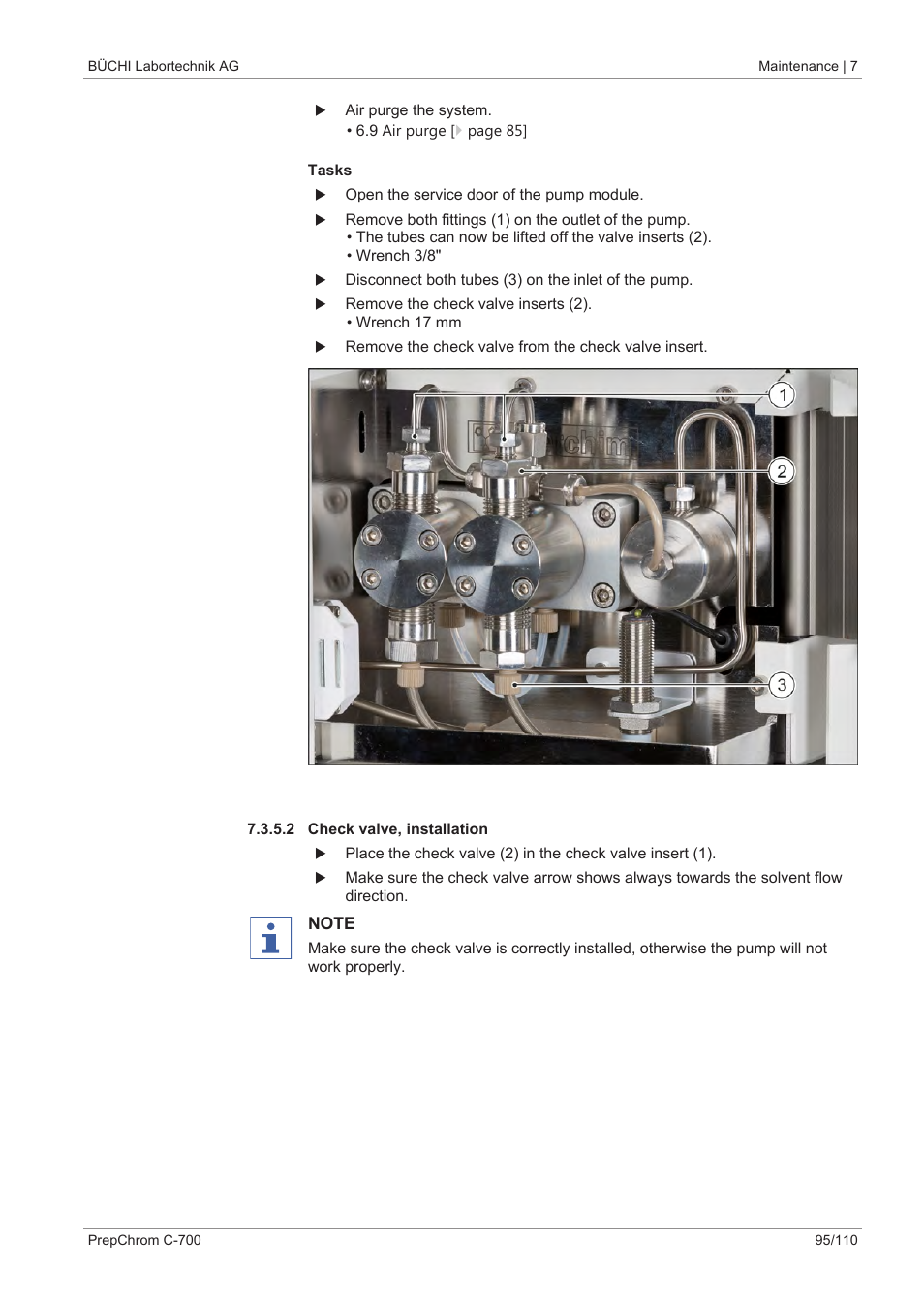 2 check valve, installation, Check valve, installation | BUCHI PrepChrom C-700 User Manual | Page 95 / 110