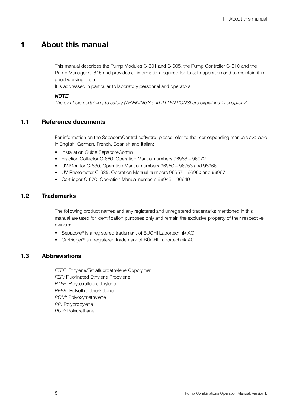 1about this manual, 1 .1 reference documents, 1 .2 trademarks | 1 .3 abbreviations | BUCHI Pump Module C-605 User Manual | Page 5 / 50