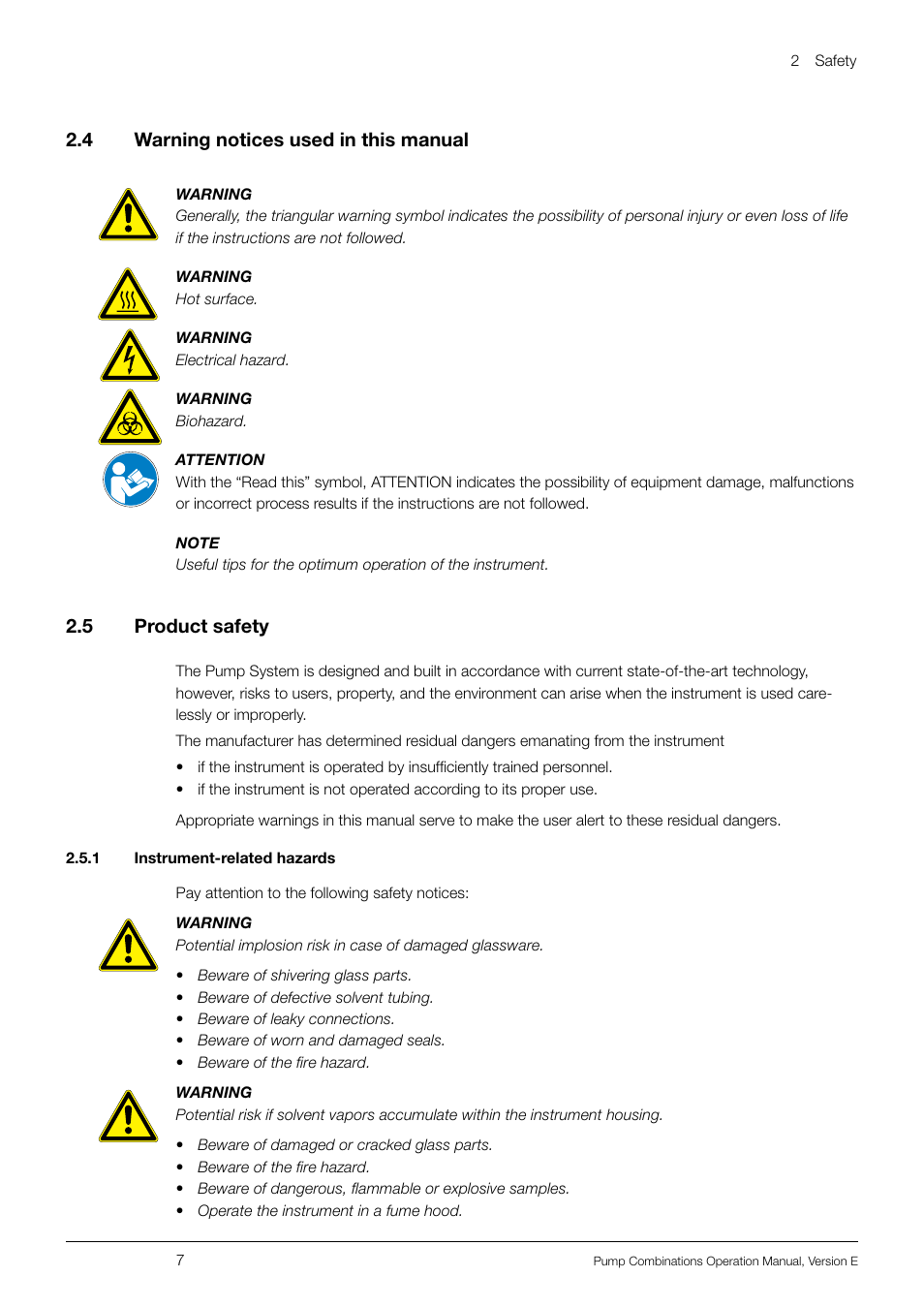 2 .4 warning notices used in this manual, 2 .5 product safety | BUCHI Pump Module C-605 User Manual | Page 7 / 50