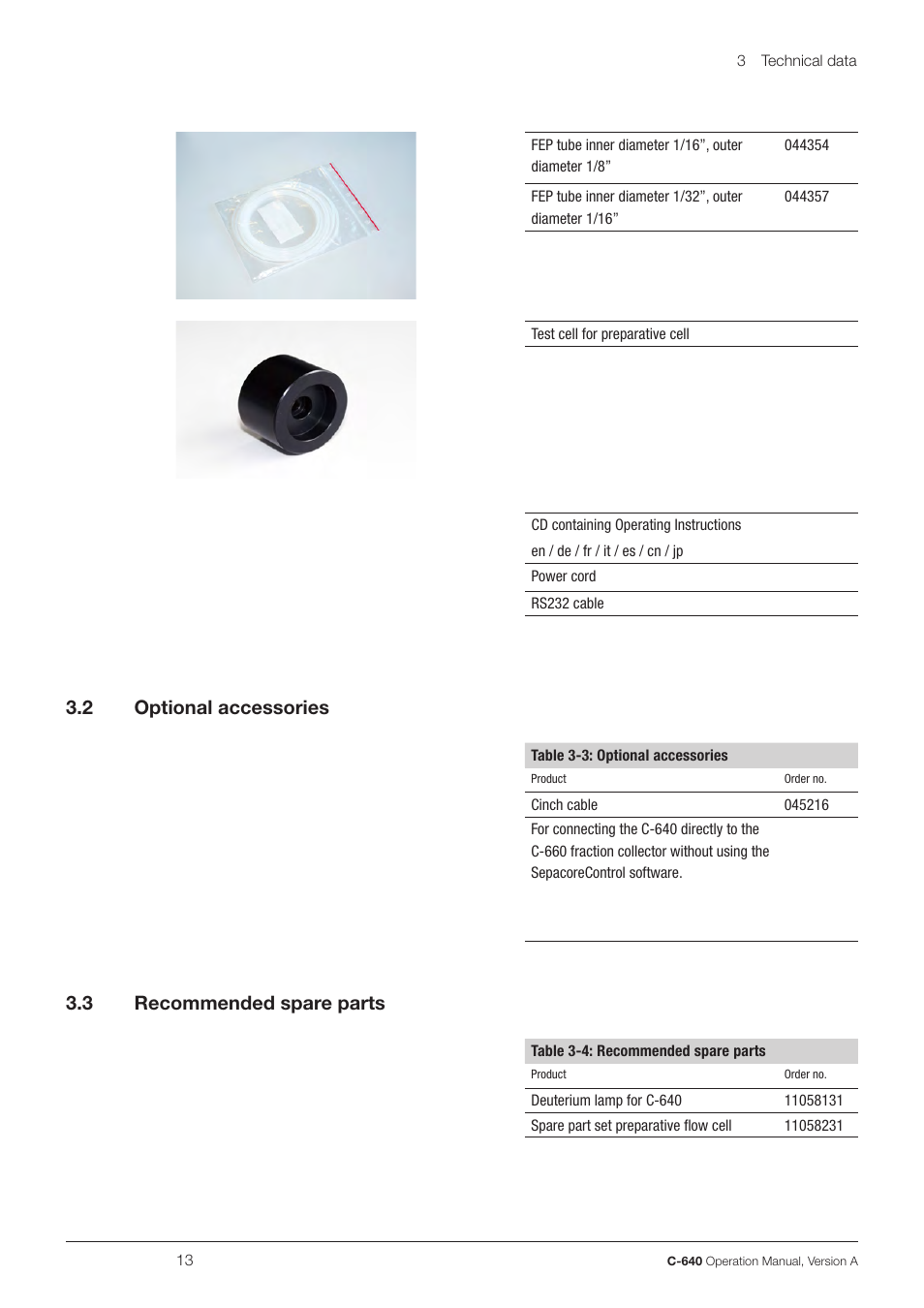 3 .2 optional accessories, 3 .3 recommended spare parts | BUCHI UV-Vis Detector C-640 User Manual | Page 13 / 44
