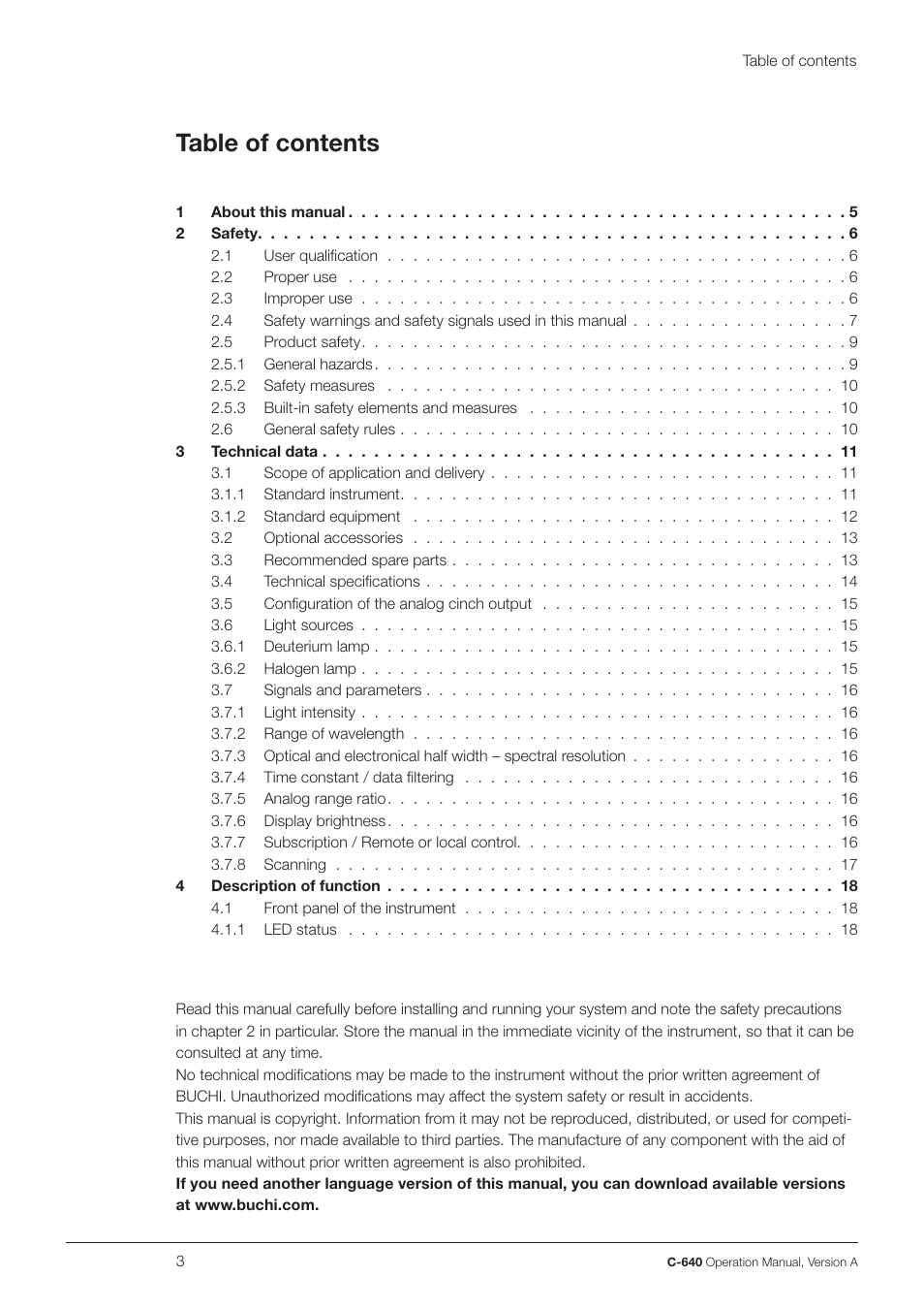 BUCHI UV-Vis Detector C-640 User Manual | Page 3 / 44