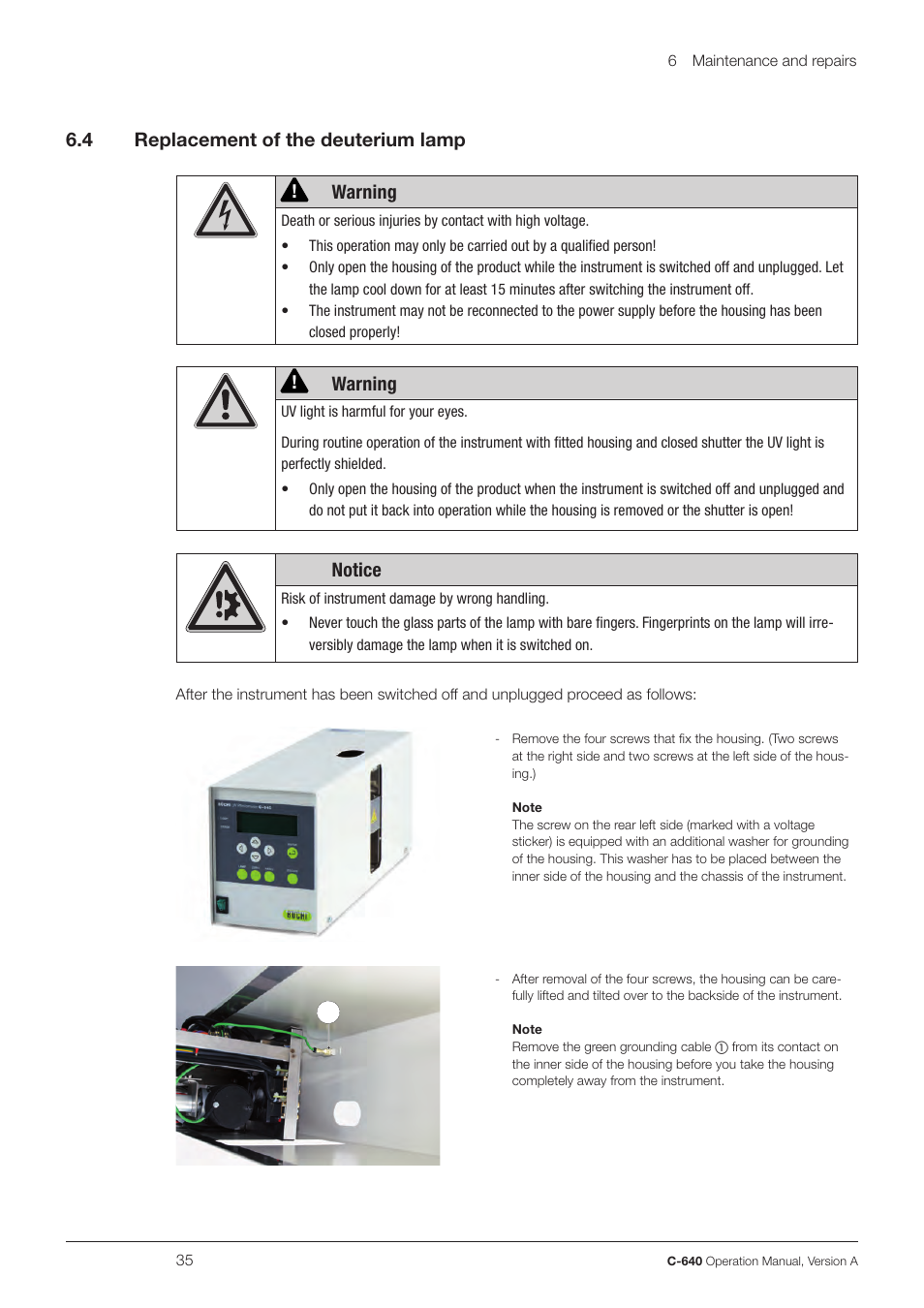 6 .4 replacement of the deuterium lamp, Warning, Notice | BUCHI UV-Vis Detector C-640 User Manual | Page 35 / 44