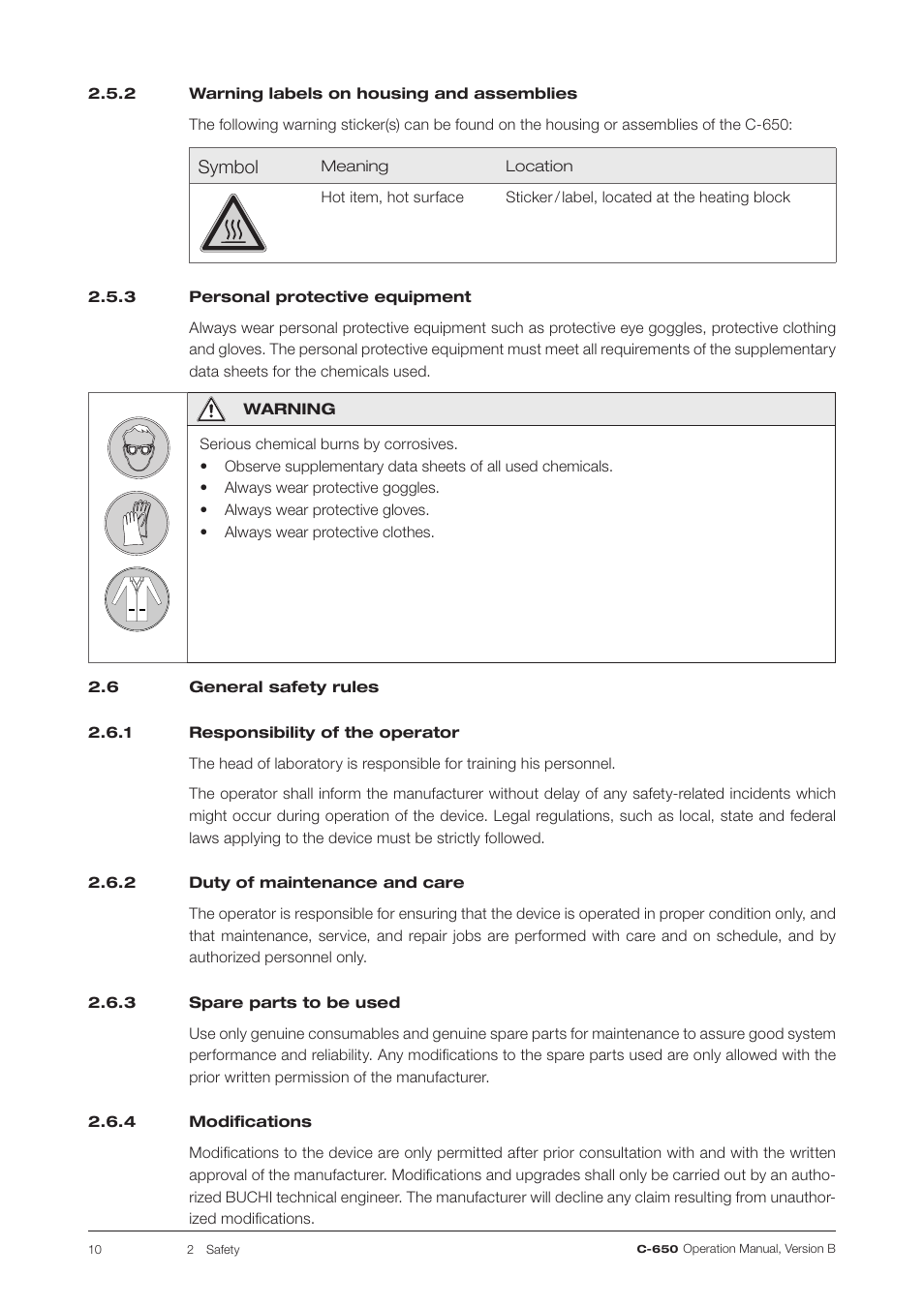2 warning labels on housing and assemblies, 3 personal protective equipment, 6 general safety rules | 1 responsibility of the operator, 2 duty of maintenance and care, 3 spare parts to be used, 4 modifications, Responsibility of the operator | BUCHI ELS Detector C-650 User Manual | Page 10 / 56