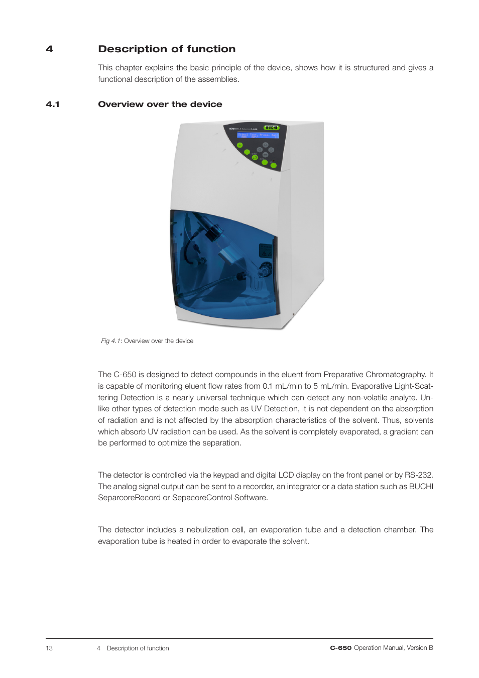 4 description of function, 1 overview over the device, Description of function | Overview over the device, 4description of function | BUCHI ELS Detector C-650 User Manual | Page 13 / 56