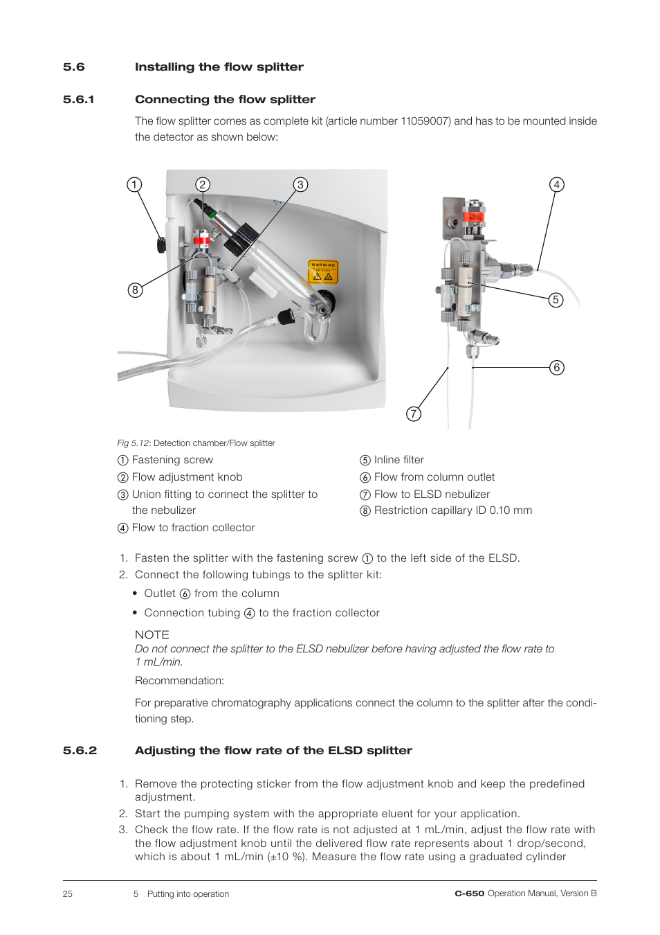 6 installing the flow splitter, 1 connecting the flow splitter, 2 adjusting the flow rate of the elsd splitter | Connecting the flow splitter | BUCHI ELS Detector C-650 User Manual | Page 25 / 56