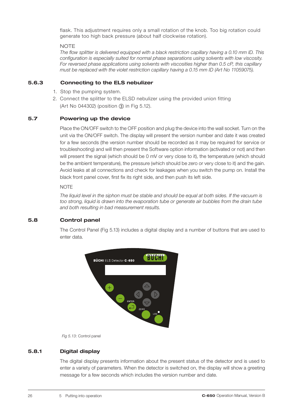 3 connecting to the els nebulizer, 7 powering up the device, 8 control panel | 1 digital display, Digital display | BUCHI ELS Detector C-650 User Manual | Page 26 / 56