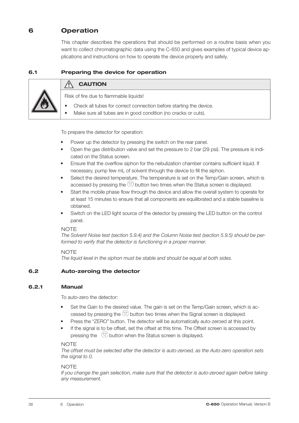6 operation, 1 preparing the device for operation, 2 auto-zeroing the detector | 1 manual, Preparing the device for operation | BUCHI ELS Detector C-650 User Manual | Page 38 / 56