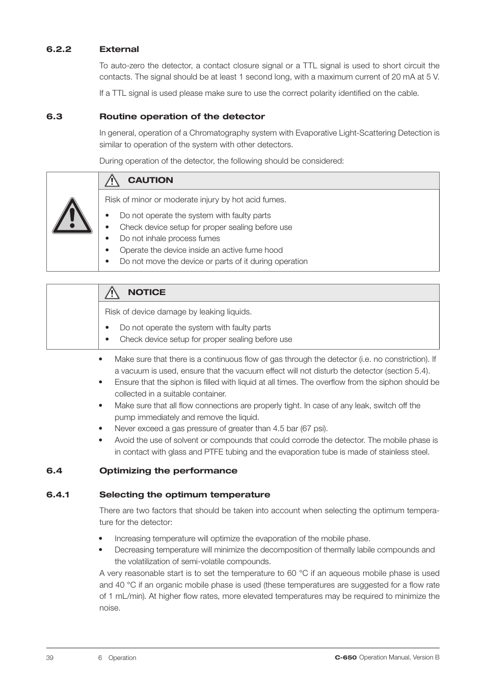 2 external, 3 routine operation of the detector, 4 optimizing the performance | 1 selecting the optimum temperature, Selecting the optimum temperature | BUCHI ELS Detector C-650 User Manual | Page 39 / 56