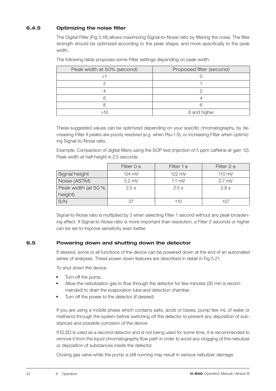 5 optimizing the noise filter, 5 powering down and shutting down the detector | BUCHI ELS Detector C-650 User Manual | Page 42 / 56