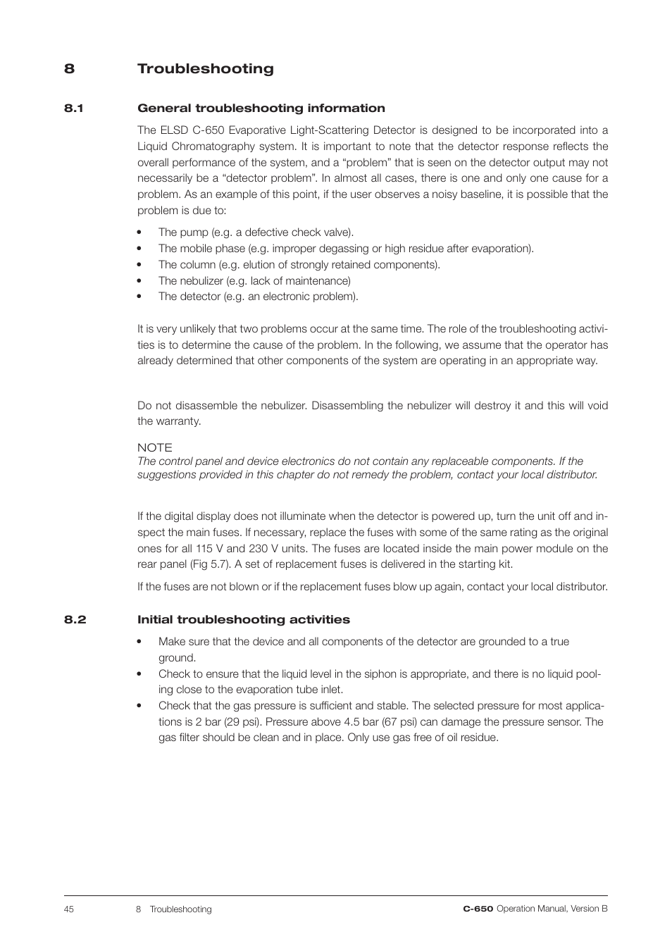 8 troubleshooting, 1 general troubleshooting information, 2 initial troubleshooting activities | General troubleshooting information | BUCHI ELS Detector C-650 User Manual | Page 45 / 56