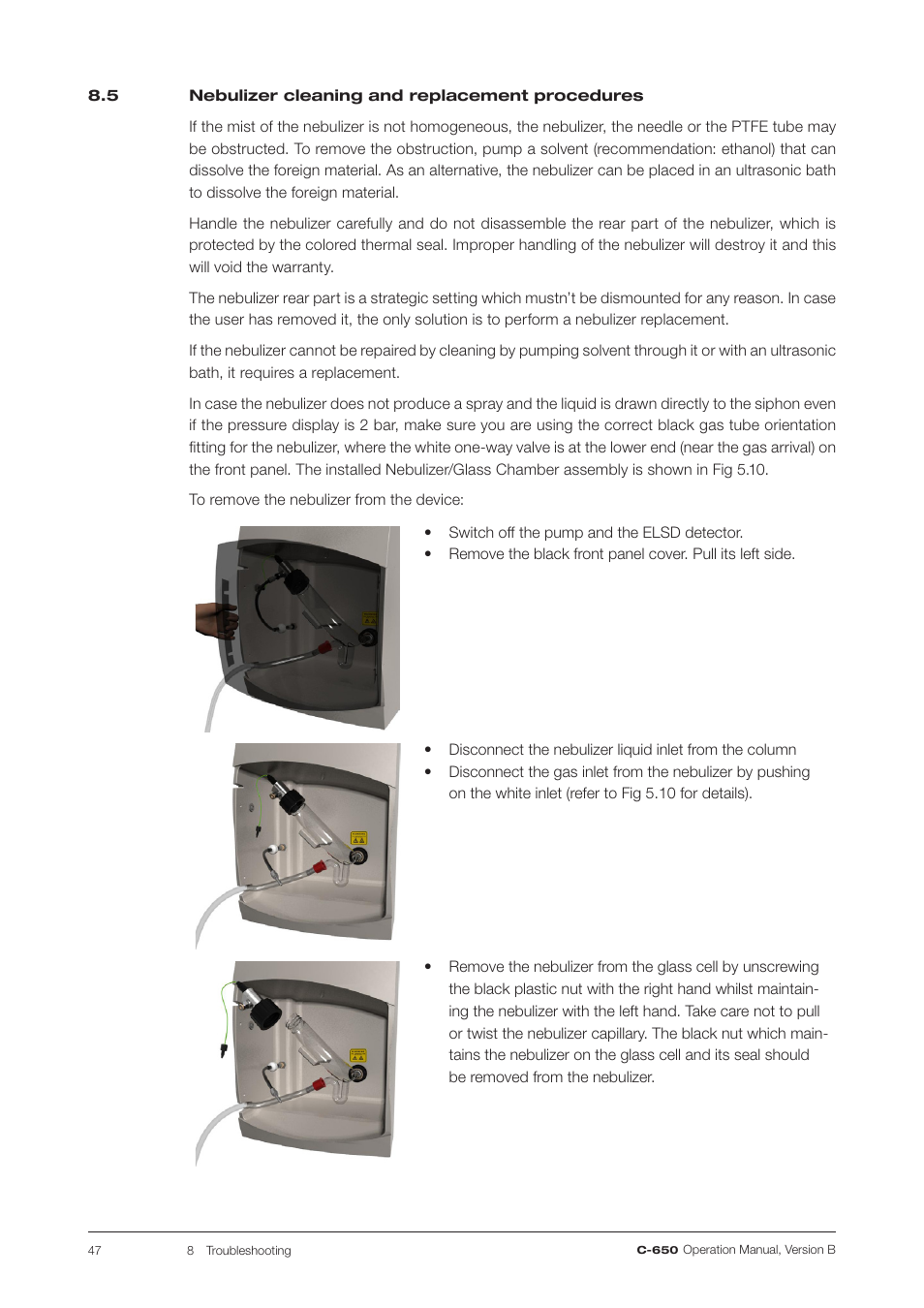 5 nebulizer cleaning and replacement procedures | BUCHI ELS Detector C-650 User Manual | Page 47 / 56